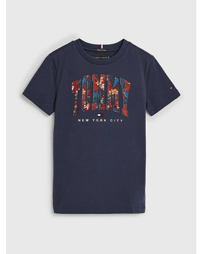 TOMMY HILFIGER KIDS - T shirt stile college con logo tropicale