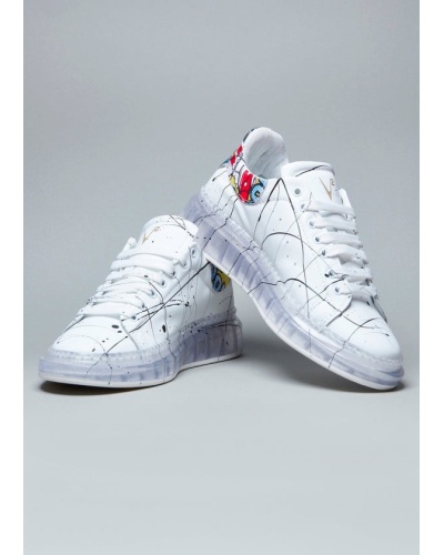 V2 - Sneakers Bianche con suola alta trasparente e retro Comics e schizzi di vernice